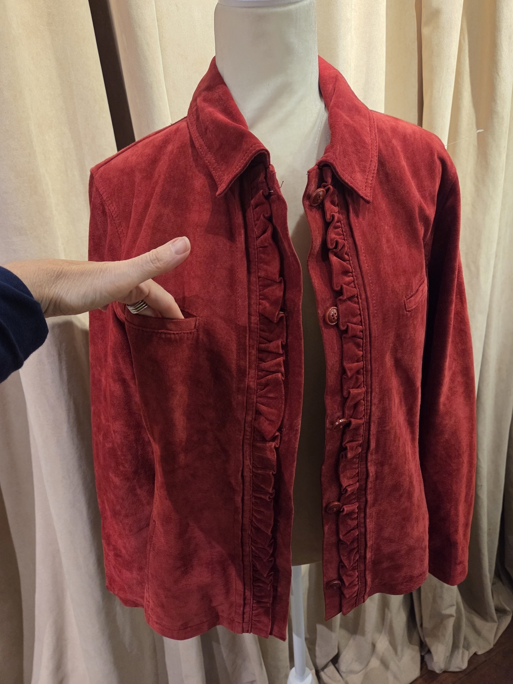 Chico's Red Ruffle-Front Suede Jacket